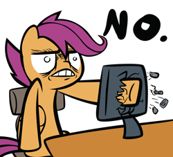 Size: 1100x1000 | Tagged: safe, artist:ocarina0ftimelord, derpibooru import, scootaloo, computer, no, reaction image, screen punch