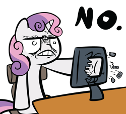 Size: 1100x1000 | Tagged: safe, artist:ocarina0ftimelord, derpibooru import, sweetie belle, computer, no, reaction image, screen punch