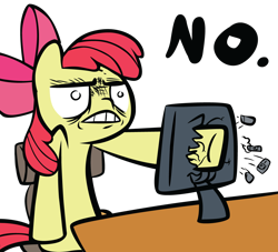 Size: 1100x1000 | Tagged: safe, artist:ocarina0ftimelord, derpibooru import, apple bloom, computer, no, reaction image, screen punch