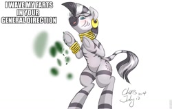 Size: 960x611 | Tagged: safe, artist:xcopyen002, derpibooru import, pony, zebra, bipedal, fart, implied racism, monty python