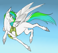 Size: 1000x917 | Tagged: safe, artist:sunny way, oc, oc only, oc:sorian, pegasus, pony, clothes, colored sketch, flying, jacket, male, rcf community, sky, smiling, solo, wings