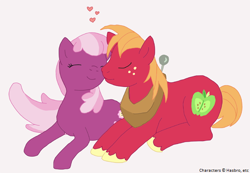 Size: 602x417 | Tagged: safe, artist:samcybercat, derpibooru import, big macintosh, cheerilee, earth pony, pony, cheerimac, eyes closed, heart, male, shipping, stallion, straight