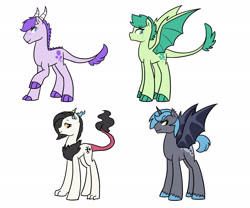 Size: 3000x2500 | Tagged: safe, artist:kianamai, discord, oc, oc only, oc:crystal clarity, oc:prince illusion, oc:princess nidra, oc:turquoise blitz, alicorn, bat pony, bat pony alicorn, draconequus, dracony, hybrid, interspecies offspring, kilalaverse, next generation, offspring, parent:discord, parent:oc:supernova, parent:princess celestia, parent:princess luna, parent:rarity, parent:spike, parents:canon x oc, parents:dislestia, parents:sparity, rule 63, simple background, white background