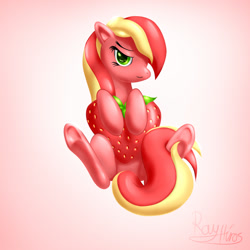 Size: 1000x1000 | Tagged: safe, artist:rayhiros, oc, oc only, oc:strawberry heart, solo, strawberry, underhoof