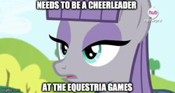 Size: 480x258 | Tagged: safe, edit, edited screencap, screencap, maud pie, maud pie (episode), caption, cheerleader, hub logo, image macro, meme, solo