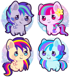 Size: 498x550 | Tagged: safe, artist:miss-glitter, derpibooru import, oc, oc only, earth pony, pegasus, pony, bandaid, bow, braid, chibi, earring, flower, freckles, tongue out