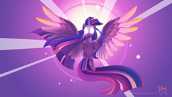 Size: 2560x1440 | Tagged: safe, artist:joellethenose, derpibooru import, twilight sparkle, twilight sparkle (alicorn), alicorn, pony, female, glowing eyes, large wings, mare, rainbow power, solo, wings