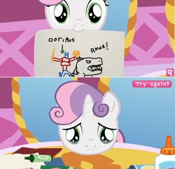 Size: 791x765 | Tagged: safe, sweetie belle, coloring with sweetie belle, exploitable meme, grimlock, meme, michael bay, optimus prime, transformers