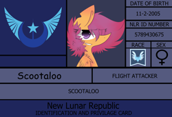 Size: 3071x2088 | Tagged: safe, artist:scootaloocuteness, derpibooru import, scootaloo, id, misspelling, new lunar republic, scootaloo can fly, solo