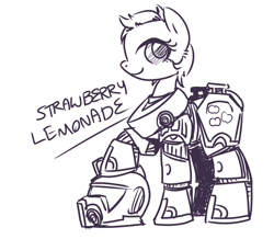 Size: 1007x880 | Tagged: safe, artist:inlucidreverie, derpibooru import, oc, oc only, oc:strawberry lemonade, earth pony, pony, fallout equestria, applejack's rangers, armor, fanfic, helmet, looking at you, monochrome, power armor, powered exoskeleton, raised hoof, short hair, smiling, solo, steel ranger