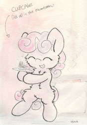 Size: 679x971 | Tagged: safe, artist:slightlyshade, derpibooru import, sweetie belle, pony, bipedal, cupcake, happy, solo, traditional art