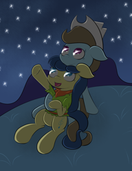 Size: 1536x2000 | Tagged: safe, artist:alexmichanikos, derpibooru import, beauty brass, fiddlesticks, apple family member, cowboy hat, female, fiddlebrass, hat, heart, holding hooves, lesbian, night, shipping, shooting star, stargazing, stars, tail wrap