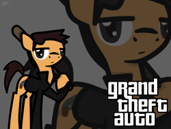 Size: 2000x1500 | Tagged: safe, artist:audiobeatzz, derpibooru import, baseball bat, claude speed, clothes, grand theft auto, gta iii, jacket, ponified, solo