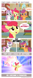 Size: 4094x9665 | Tagged: safe, artist:invictusnoctis, apple bloom, scootaloo, sweetie belle, alicorn, pony, call of the cutie, absurd resolution, alicornified, bloomicorn, cutie mark crusaders, race swap, scene parody