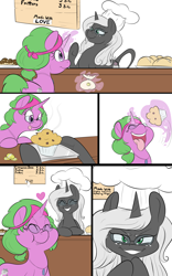 Size: 3300x5281 | Tagged: safe, artist:anonopony, oc, oc only, oc:gizmo gears, oc:salem cuisine, pony, bakery, bandana, bread, chef's hat, comic, eating, evil grin, eyes closed, food, glasses, glowing horn, grin, hat, heart, magic, muffin, nose in the air, smiling, telekinesis, this will end in weight gain, tongue out, usb necklace