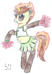 Size: 1410x2008 | Tagged: safe, artist:bamthand, oc, oc only, pony, unicorn, belly button, bipedal, cheerleader, clothes, midriff, skirt, solo, traditional art