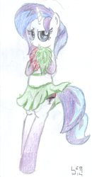 Size: 1013x1943 | Tagged: safe, artist:bamthand, oc, oc only, oc:indigo wire, pony, unicorn, bipedal, cheerleader, clothes, female, midriff, panties, skirt, solo, traditional art, underwear