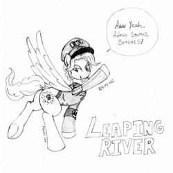 Size: 1116x1116 | Tagged: safe, artist:tehmangabrony, oc, oc only, oc:leapingriver, bedroom eyes, clothes, cutie mark, dock, grammar nazi, grayscale, hat, looking at you, monochrome, plot, pose, solo, tongue out, traditional art, uniform