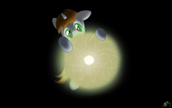 Size: 949x600 | Tagged: safe, artist:brisineo, derpibooru import, oc, oc only, oc:littlepip, pony, unicorn, fallout equestria, atom, dark background, darkness, fanfic, fanfic art, female, hooves, horn, mare, simple background, solo