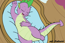 Size: 1200x791 | Tagged: safe, artist:caluriri, derpibooru import, spike, dragon, basket, cute, eyes closed, on back, open mouth, sleeping, smiling, solo, spikabetes