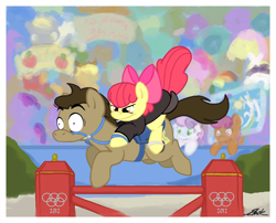 Size: 1000x807 | Tagged: safe, artist:caycowa, derpibooru import, apple bloom, scootaloo, sweetie belle, bridle, cutie mark crusaders, olympics, ponies riding ponies, saddle, tack