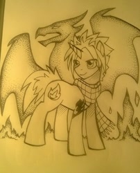 Size: 505x624 | Tagged: safe, artist:dragonataxia, dracony, dragon, pony, unicorn, clothes, fairy tail, fire, monochrome, natsu dragneel, ponified, scarf, smiling, smirk, solo, traditional art