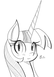 Size: 614x869 | Tagged: dead source, safe, artist:reiduran, twilight sparkle, twilight sparkle (alicorn), alicorn, pony, impossibly large horn, monochrome, sketch, solo