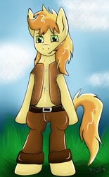 Size: 793x1280 | Tagged: safe, artist:chuckyra, derpibooru import, braeburn, pony, semi-anthro, bipedal, solo