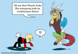 Size: 1000x695 | Tagged: safe, artist:caycowa, derpibooru import, discord, crossover, disqord, jean-luc picard, ponified, q, star trek, star trek: the next generation