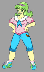 Size: 700x1140 | Tagged: safe, artist:zabchan, derpibooru import, chickadee, ms. peachbottom, human, games ponies play, colored sketch, drawthread, freckles, hand on hip, humanized, pony coloring, sneakers, solo