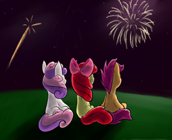 Size: 900x731 | Tagged: safe, artist:pinkiesheen, derpibooru import, apple bloom, scootaloo, sweetie belle, 4th of july, cutie mark crusaders, fireworks