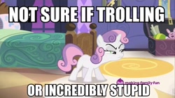 Size: 960x540 | Tagged: safe, screencap, sweetie belle, for whom the sweetie belle toils, image macro, meme, not sure if, not sure if trolling, reaction image, solo