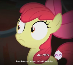 Size: 635x568 | Tagged: safe, derpibooru import, screencap, apple bloom, disturbed, frown, hub logo, image macro, meme, solo, wide eyes