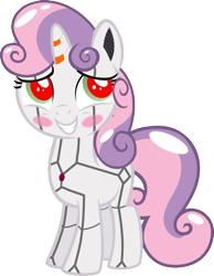 Size: 486x625 | Tagged: safe, artist:dtavs.exe, sweetie belle, sweetie bot, pony, robot, unicorn, blushing, excited, female, filly, foal, hooves, horn, modified, simple background, smiling, solo, squee, teeth, transparent background