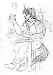 Size: 751x1065 | Tagged: safe, artist:zabchan, derpibooru import, discord, star swirl the bearded, human, discord is star swirl, eared humanization, elements of harmony, horned humanization, humanized, medieval, monochrome, pencil drawing, sketch, solo, stool, tailed humanization, traditional art, wizard, younger