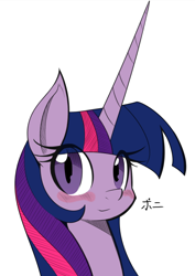 Size: 614x869 | Tagged: safe, artist:3xlneet, artist:reiduran, color edit, edit, twilight sparkle, twilight sparkle (alicorn), alicorn, pony, blushing, colored, long horn, looking at you, solo