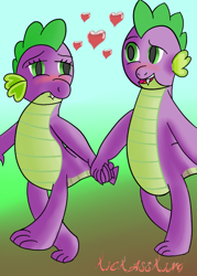 Size: 500x700 | Tagged: safe, artist:kickassking, derpibooru import, barb, spike, dragon, female, heart, holding hands, love, male, request, rule 63, self ponidox, selfcest, shipping, spikebarb, straight, walking