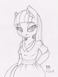 Size: 597x800 | Tagged: safe, artist:dfectivedvice, maud pie, anthro, clothes, dress, grayscale, monochrome, solo, traditional art