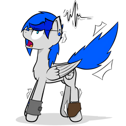 Size: 2000x2000 | Tagged: source needed, useless source url, safe, artist:jordo76, oc, oc only, oc:sapphire sights, fallout equestria, bullet, gun, holster, open mouth, pipbuck, pistol, raised tail, startled