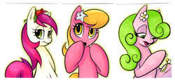 Size: 821x376 | Tagged: safe, artist:retrostarling, daisy, flower wishes, lily, lily valley, roseluck, :o, bedroom eyes, flower, flower in hair, flower trio, hoof hold, looking at you, open mouth, rose, smiling, traditional art