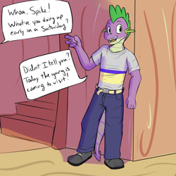 Size: 1280x1280 | Tagged: safe, artist:fuzebox, spike, anthro, dragon, plantigrade anthro, semi-anthro, clothes, jeans, older, older spike, pants, shirt, shoes, solo, speech bubble, spike's journey, teenage spike, teenaged dragon, teenager