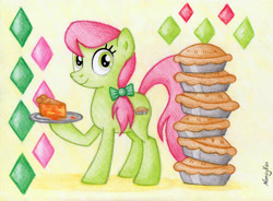 Size: 1619x1194 | Tagged: safe, artist:nancyksu, peachy sweet, earth pony, pony, apple family member, bow, female, hair bow, hoof hold, looking at you, mare, pie, plate, smiling, solo, traditional art