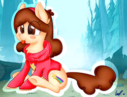 Size: 2292x1750 | Tagged: safe, artist:shyshyoctavia, earth pony, pony, :p, blush sticker, blushing, chest fluff, clothes, crossover, cute, female, forest, gravity falls, mabel pines, mare, nature, ponified, silly, sitting, smiling, solo, sweater, tongue out, turtleneck, underhoof