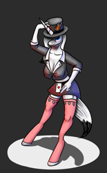 Size: 591x951 | Tagged: safe, artist:blankspirit, derpibooru import, oc, oc only, anthro, unicorn, anthro oc, cleavage, clothes, female, garter belt, midriff, poker, short skirt, skirt, solo, tile hat, tuxedo