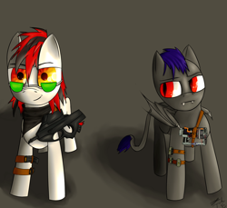 Size: 1200x1100 | Tagged: safe, derpibooru import, oc, oc only, bat pony, pony, fallout equestria, bandana, deviousfate, fangs, frown, gun, leg strap, palindrome get, rifle, smiling, sunglasses, weapon