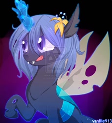 Size: 856x934 | Tagged: dead source, safe, artist:spookyle, oc, oc only, oc:ellie, changeling, abstract background, blue changeling, deviantart watermark, obtrusive watermark, solo, watermark