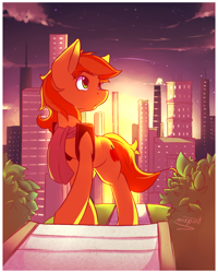 Size: 820x1027 | Tagged: dead source, safe, artist:imspainter, derpibooru import, braeburn, earth pony, pony, city, cityscape, clothes, cloud, cloudy, cute, featured on derpibooru, glow, scarf, solo, stars, sunset