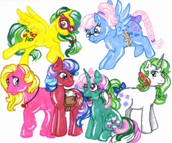 Size: 1016x842 | Tagged: safe, artist:skypinpony, derpibooru import, fizzy, gusty, masquerade (g1), shady, wind whistler, g1, bag, glasses, traditional art