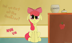 Size: 2000x1200 | Tagged: safe, artist:allyster-black, derpibooru import, apple bloom, adorabloom, caught, cookie, cute, implied applejack, innocent, liar, seems legit, sitting, solo