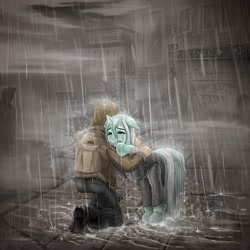 Size: 2000x2000 | Tagged: safe, artist:gor1ck, derpibooru import, lyra heartstrings, human, fanfic:broken toy, city, clothes, crying, fanfic art, rain, van